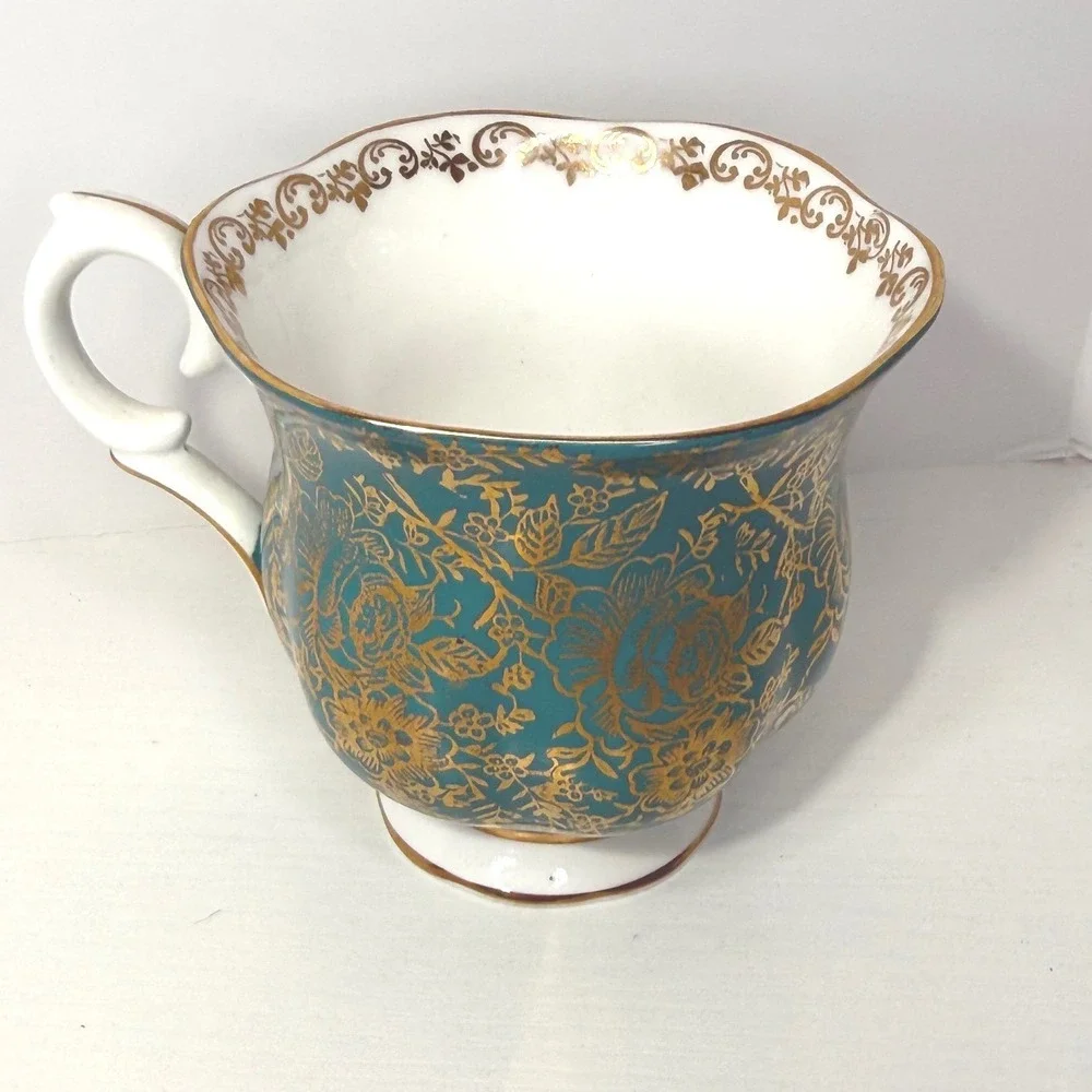 Crown Staffordshire England Creamer Pitcher Teal Gold Floral Fine Bone China